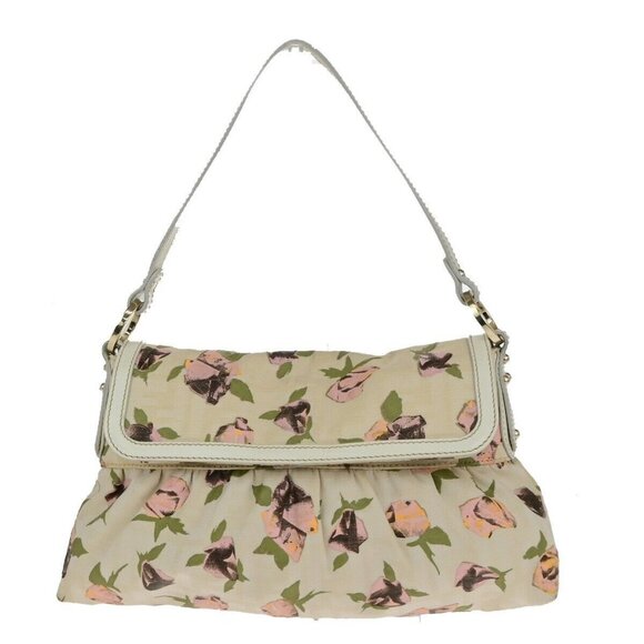FENDI Logo Zucca Pattern Flower Hand Bag Canvas Leather Beige Pink Italy - Picture 1 of 16